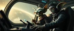 portrait of researcher slender alien rich dark elf hill billy fluffy captain pilot focus controlling flight stick in deep action, gremlin cyber punk with two crew members, in sci fi air ship waiting hall, in future dynasty