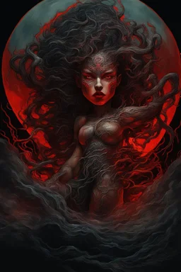 A dramatic digital painting portraying a warrior-girl and horror monster under the Red Moon, veins pulsing, claws of temptation visible, soul in turmoil. In the style of Salvador Dali and Van Gogh and Giger, vivid colors, swirling brushstrokes, highly detailed, 8k resolution, surrealistic., juicy emotions, painting, gloomy fantasy, gloomy day, dark world, portrait, oil and graphite, wide strokes, a weaving frame around, by Ryohei Hase, Agnes Cecile, Raymond Swanland, Anne Bachelier