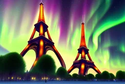 Eiffel tower but bigger and made from diamonds , aurora , flying cars