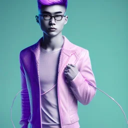 cute asian male, boy, man in futuristic suits, black and white highlight hair color, pink and purple background, pink lighting, deep purple backlighting, gun