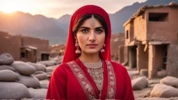 A Closeup face of a beautiful a young Pakistani pashto woman in a beautiful traditional red dress with white embroidery outside village houses made of rocks & bricks with mountains behind her at beautiful cloudy sunset showing cinematic And dramatic ambiance.