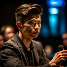 Christer Chao, young dark and handsome, with big eye brows, directing a debate, photo-realistic, shot on Hasselblad h6d-400c, zeiss prime lens, bokeh like f/0.8, tilt-shift lens 8k, high detail, smooth render, down-light, unreal engine, downlight, prize winning