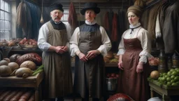 Realistic oil painting of a butcher, milliner and nutritionist standing side by side in a market setting, intricate details on their clothing and tools, realistic lighting and shadows, inspired by the works of Jan van Eyck and Rembrandt.