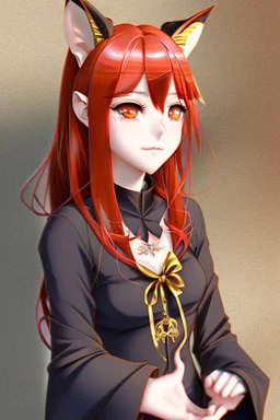 An anime young adult female withe red hair and gold eyes, fox ears