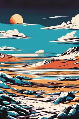 Ilustración de la guerra de Malvinas, paisaje desolador y frío con un estilo pop art.