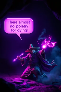 speech bubble saying "There is almost no poetry in dying!" purple magic neon arrow flying, magic swirl, strong winds, true grit, Mexican native stand off fast draw poncho cowboy wizard on knees hurt punching fire ball whip while taking sight wand slinger, in dark cave ,bokeh like f/0.8, tilt-shift lens 8k, high detail, smooth render, down-light, unreal engine
