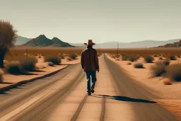 man in the desert places, warm colors, on holiday, near a road