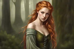 high quality digital art of a 20 year old, beautiful mediaeval seamstress, sexy and fit, long, light ginger tied-back hair that is streaked with grey, highly detailed facial features, sharp cheekbones. Her eyes are verdant with dark eyeliner. She wears a one shoulder dress which is knotted on the side. emaciated and tall, with pale skin, backlit, in the comic book style of Bill Sienkiewicz and Jean Giraud Moebius , dramatic natural lighting. She is sad, troubled by her visions.