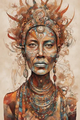 create an abstract expressionist full body illustration of a deeply spiritual, ethereal, darkly magical, epic aged nomadic tribal matriarch with highly detailed and deeply cut facial features, searing lines and forceful strokes, precisely drawn, boldly inked, with rich striking earth tone colors