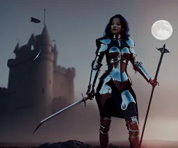 Rita ora, knight armor, long curly black hair, choker, holding sword, hands, castle, moonlight