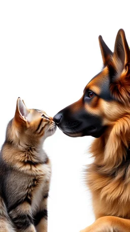 A German shepherd with a cat sniffing each other