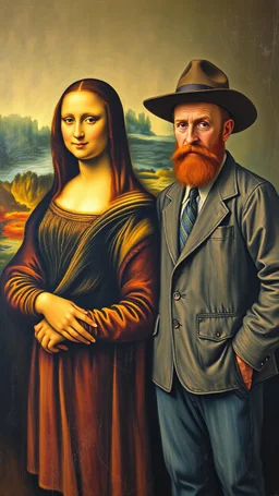 Mona Lisa and Vincent van Gogh standing side by side in a painting