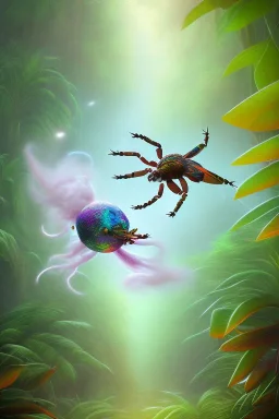 spider fight with exotic pigeon, jungle setting, soft pastel colors, mystical, acrylic paint, mystical, dreamlike,