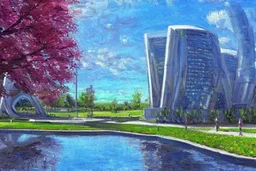 Sunny Day, futuristic buildings near the tree and lake zone, sci-fi, realistic vision, impressionism painting