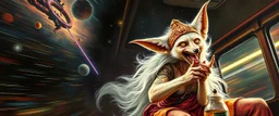 master oil painting by Rembrandt, scary ai sami white fox gremlin woman on buss through space neon comet shower , motion blur background, goa trance poster