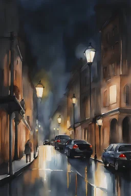 watercolor city, street, night, street lights, ultrarealistic