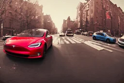 A Tesla 'Model S' is racing at top speed, in Greenwich Village, in Manhattan. CINEMATIC. WIDE ANGLE LENS. PHOTO REAL.