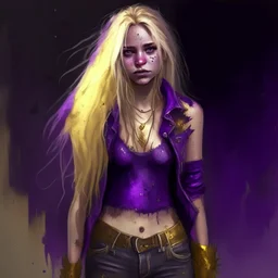 A girl with a purple gold hue around them with small bits of purple gold on their skin. They have long, dirty blonde hair and wear a tank-top with a jacket around their waist and jeans. They wear boots and have violate eyes.