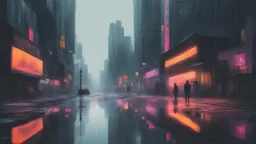 [ number ] [ adjective1 ] and [ adjective2 ] [ object ]s standing in a gloomy cyberpunk downtown kerbside in overdrive, acrylic and oil, minimalist, cinematic, dramatic, (glitch deconstruction:1.7), centered, |impressive reflections, amazing verticals, excellent parallels /