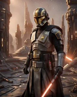 star wars bald male corellian pilot wearing pearlescent black and gunmetal grey First Order special forces heavy assault stealth commando armor and helmet with gold trim inside the jedi temple, hyperdetailed, dynamic lighting, hyperdetailed background, 8k resolution, volumetric lighting, light skin, fully symmetric details