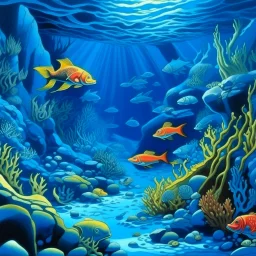A blue underwater reef with poisonous fish painted by Thomas Hart Benton