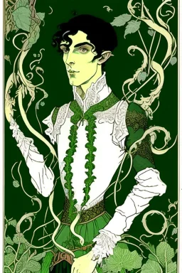 young half-Elf nobleman with green thumbs and 2 vine-like tentacles with black hair and green eyes and green thumbs with claws in the style of Aubrey Beardsley