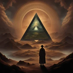 A surreal digital painting where an occult magician stands amidst merging dimensions swirling with supernatural energy, overlooking lost civilizations merging together before pyramids with the band The Fold Path's triangular logo looming over the landscape