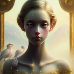 romantic era painting, william Turner, watercolor,Closeup face portrait of a tanned princess, skinny, big dreamy eyes, holding up bird, beautiful intricate colored hair, symmetrical, anime wide eyes, soft lighting, detailed face, by makoto shinkai, stanley artgerm lau, wlop, rossdraws, concept art, digital painting, looking at bird