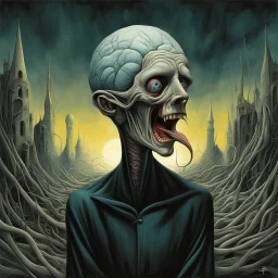 Mein Gehirn zum Kerker wird Ein kleiner Stich hat mich gelähmt, Der Schrei in mir unhörbar schweigt Und doch es wird., by Gerald Scarfe, by Dave McKean, by Dariusz Klimczak, asymmetric surrealism, sharp focus, nightmarish, dreamy colors,