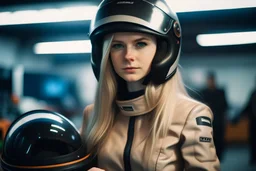 Russian girl, blonde hair, dressed in car racing suit, posing in photo studio, helmet on and open, racing pit background, looking at viewer, studio lights, photo taken with a Sony Alpha III camera, 50mm lens