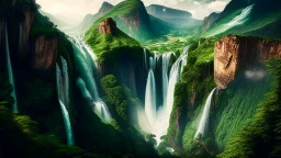 The image showcases a mesmerizing view of a massive waterfall cascading from the top of a mountain hill, with the waterfall soaring to a great height and flowing forcefully into the valley amid lush green trees and vegetation. The image reflects the beauty and power of nature and its enchanting impact on the surrounding environment, inviting viewers to explore these magnificent natural landmarks around the world.