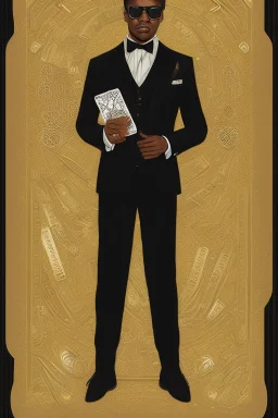 Dashing black man in a suit with gold trimmings. He's holding a deck of cards.