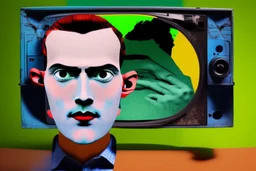 man with head inside a old tv in the style of Eileen Agar