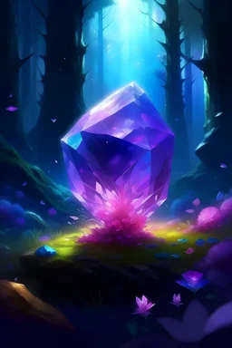 A large glowing purple magic crystal Amethyst into a forest with flowers blues and pink