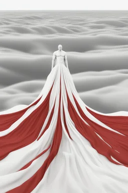 Giant massive huge in stature, majestic entity, hovering and floating over a large field landscape. the entity wears a white and red draped fabric that has printed on the material resembling stars. the fabric has also technological elements. you can see how big it is compared to a tiny human standing in front of it