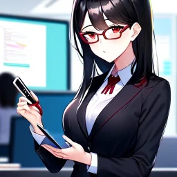 Clear focus, 8k, high quality, detailed, beautiful lighting, girl, vibrant colors, black hair, vibrant red eyes, office clothes, red glasses, holding pin,