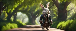 High-end state-of-the-art STEAMPUNK aesthetics flawless, cute Rabbit under a Acacia dealbata Tree, forest alley background, close-up shot, realistic,Highest quality telescopic Zeiss Zoom lens, supreme cinematic-quality photography, steel walnut wood green leather clothes, Art Nouveau-visuals,Vintage style Octane Render 3D technology,hyperrealism photography,(UHD) high-quality cinematic character render,Insanely detailed close-ups capturing beautiful complexity,Hyperdetailed,Intricate,