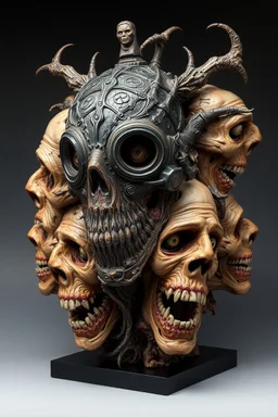 sculpture of dark side of a he man with iron mask . Multiple faces . decayed and rotting with grotesque proportions and imagery. abstract grotesqueries, detailed texture, surreal horror, biomechanical design, by hr giger and beksinski