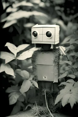 rollerflex photograph 1950s, dusty, robot made from toilet paper and infected with ivy, 4k, f1.2 50mm