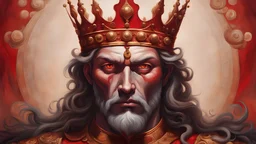 The description translates to: The image depicts a human figure as a king, exhibiting regality and dominance. Characterized by eyes radiating a red hue, they stand out as a prominent aspect of the person's beauty and allure. The red color in the eyes conveys strength and leadership, making the gaze appear full of enthusiasm and impact. Surrounding this regal figure, there are people kneeling, reflecting respect and loyalty towards them. The scene paints a picture of the person's control and in