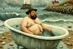 A fat man wearing a hat, is in a bath tub, by a light house, by andrea kowch, holding a umbrella, inspired by andrew wyeth. A rustic harbour, with ships docked is nearby. The Beach is covered with sea shells, crabs and lobsters.There are rain clouds and everything looks as if done in watercolors victo ngai, matisse, monet, catrin welz-stein, vladi