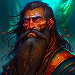 dnd, fantasy, wizard, portrait, face, close up, long beard, black hair, angular features, exotic features, long, slender