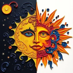 create a richly detailed paper quilling fantasy artwork of A vibrant and detailed split-face illustration of the sun and moon, symbolizing day and night. The left side features a dark, starry sky with swirling patterns and a moon-like face surrounded by celestial motifs. The right side showcases a bright, warm palette with a sun-like face adorned with floral elements, spirals, and radiant sunbursts. The style is mystical, ornate, and highly decorative, with rich textures and bold contrasts.