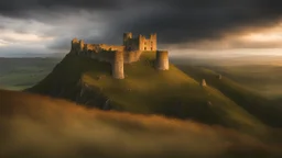 huge ruined castle in the distance overlooking a valley, on a cliff top, warm-toned stormy clouds