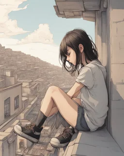 “ girl sitting on a roof looking down at a city below, extremely detailed