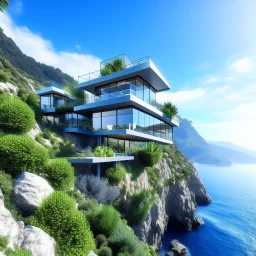 Dream house with modern architecture design, built on a rocky terrain overlooking the ocean and mountains, with multiple levels, with large windows and doors that offer panoramic views. The architecture features acute angles and a rooftop terrace. The rocky terrain has plants and a gravel path leading to the house. The background is a clear sky, blue ocean waves and mountains with greenery