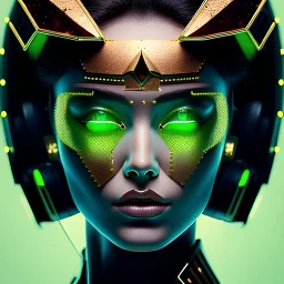 medium shot portrait, a monstress, wearing a denim jacket, realistic face, soft, red spiked hairstyle, delicate, large green square eyes, intricate gold markings on face, cyberpunk, powerful, horror, sharp focus, octane render, post-processing, epic composition, elegant, studio lighting, fiona staples, mandy jurgens, david finch, guillermo del toro