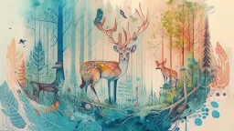 watercolor illustration, subject are forest animals, intricate details, environment is forest, simple and serene illustration, vivid colors.