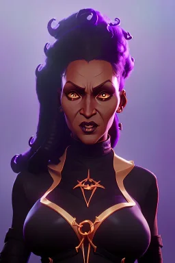 Pam Grier as evil queen in black leather, leather, busty, cleavage, angry, stern look. character design by cory loftis, fenghua zhong, ryohei hase, ismail inceoglu and ruan jia. unreal engine 5, artistic lighting, highly detailed, photorealistic, fantasy