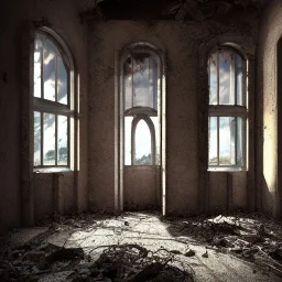 a ruined house all crumbled in the inside , dramatic, dramatic lighting, volumetric lighting, hyperrealism, 8k, high quality, photorealistic, lot of details